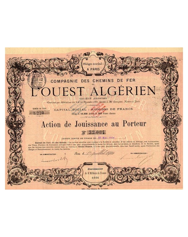 Cie des Chemins de Fer L'Ouest Algérien. Emission de 8 Millions de Francs 1881