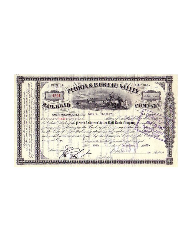 Peoria & Bureau Valley Rail Road Company Stock Certificate 