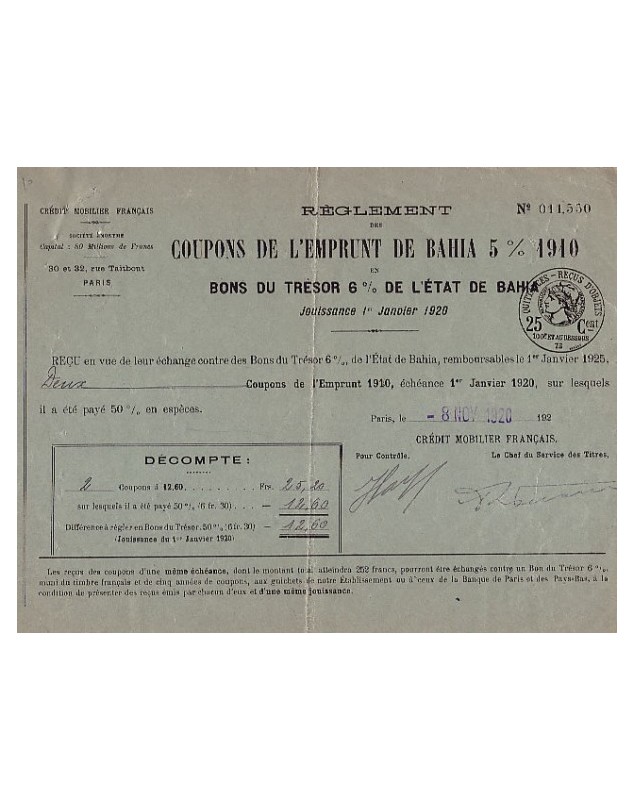 Coupons de l'Emprunt de Bahia 5% 1910