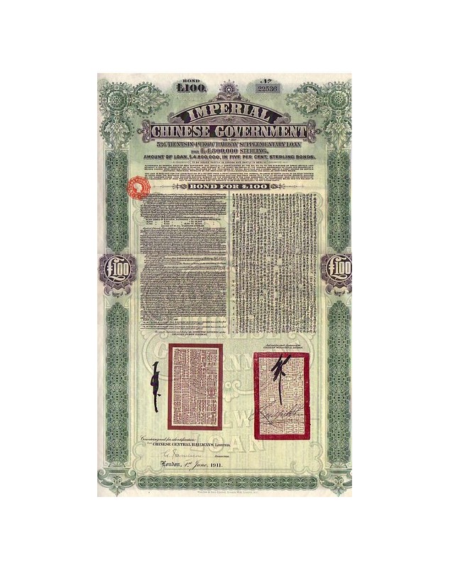 Imperial Chinese Government - 5% Tientsin-Pukow Railway 1911. 100£