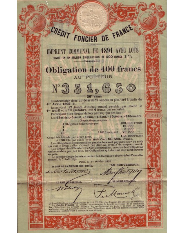 Crédit Foncier de France - Emprunt communal 1891