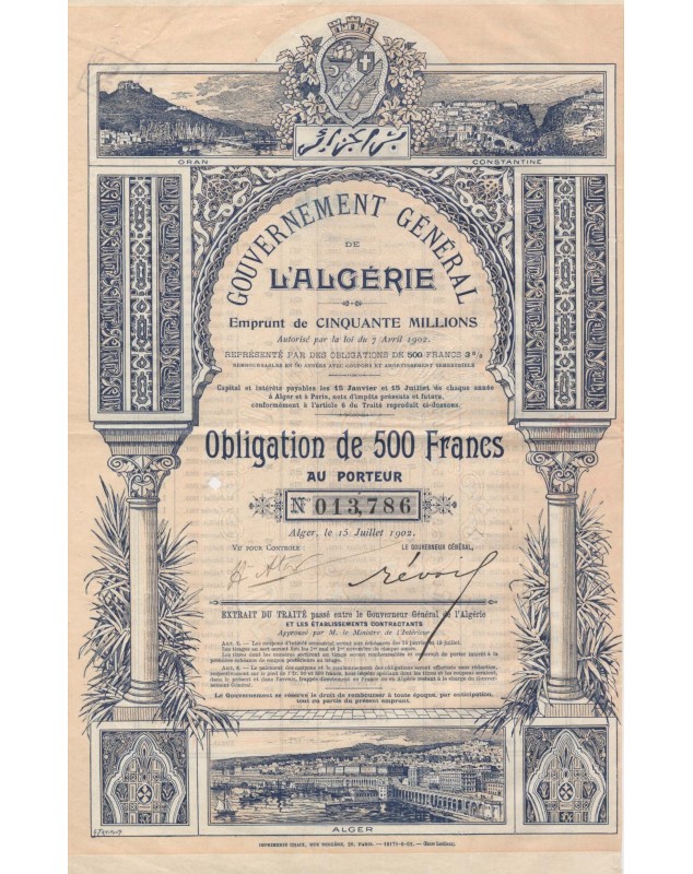 Gouvernement Général de l'Algérie - Emprunt 3% 1902