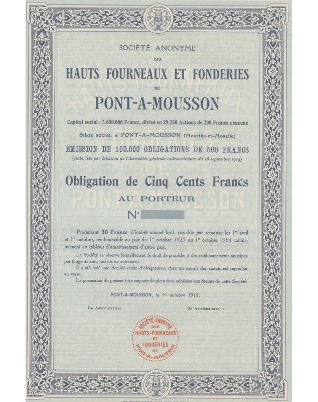 S.A. des Hauts Fourneaux et Fonderies de Pont-à -Mousson Lorraine/Meurthe-et-Moselle 54