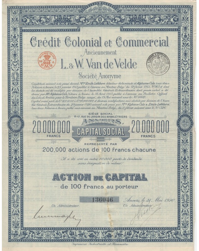 Crédit Colonial et Commercial anciennement L. & W. Van de Velde