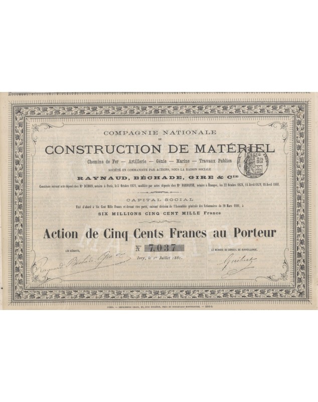 Cie Nationale de Construction de Matériel Chemins de Fer, Artillerie, ... Raynaud, Béchade, Gire & Cie