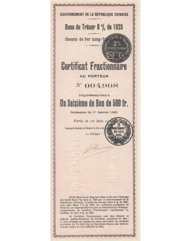 Chemin de Fer de Lung-Tsing-U-Hai - Gouvernement de la République Chinoise - Bons du Trésor 8% 1925