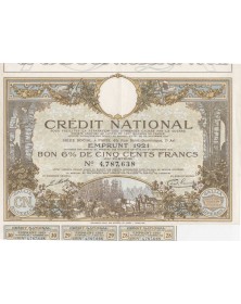 Crédit National pour faciliter la réparation des dommages causés par la Guerre. Emprunt 1921