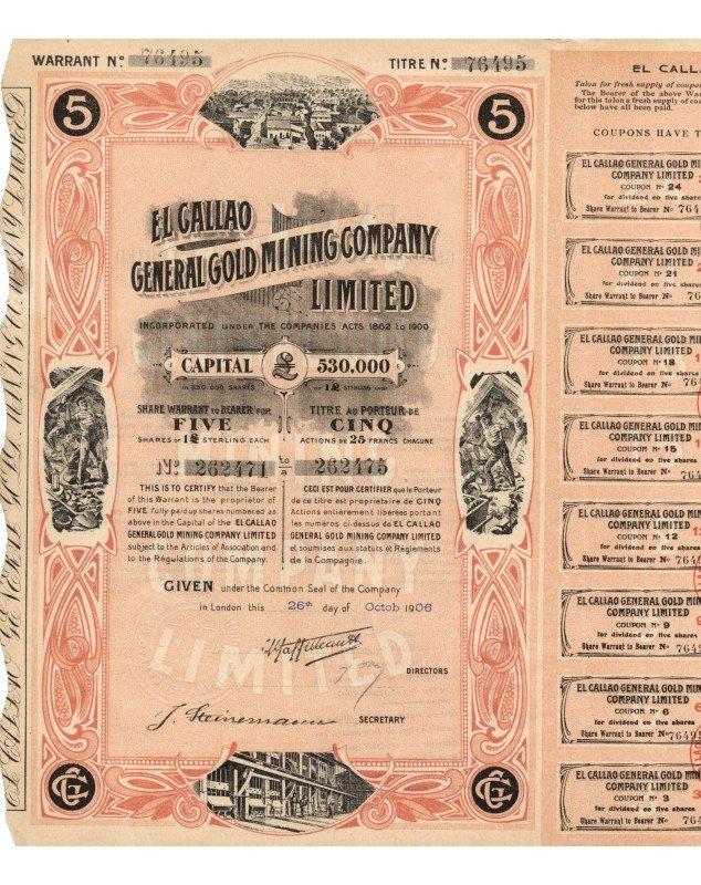 El Callao General Gold Mining Company Ltd. 1906 (titre de 5 actions)