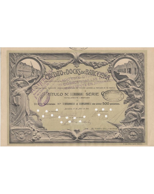 Credito y Docks de Barcelona S.A. - 10 Shares certificate 1910