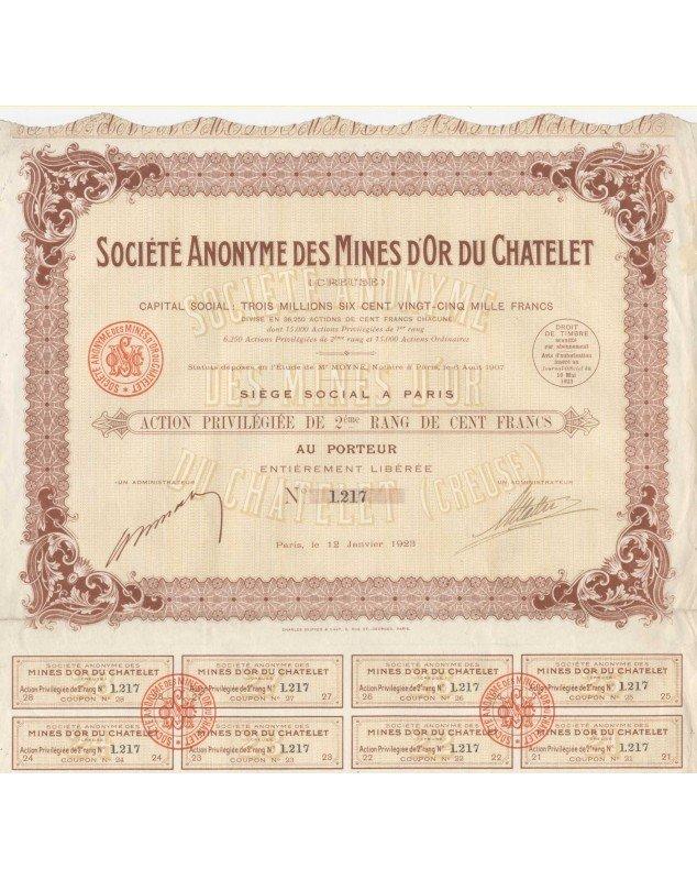 Sté des Mines d'Or du Chatelet (Creuse). 1923