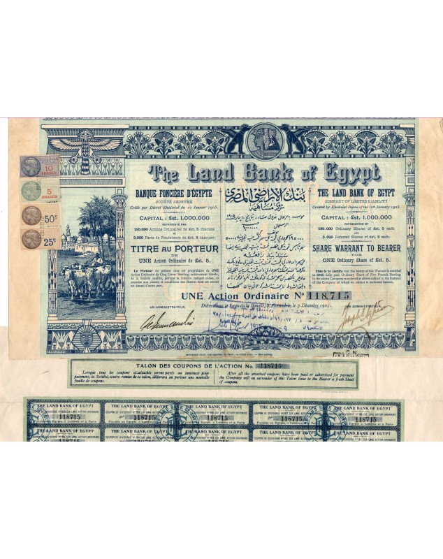 The Land Bank of Egypt. Banque Foncière d'Egypte (Capital 1000K€). 1905, tampons fiscaux français
