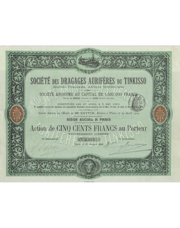 Sté des Dragages Aurifères du Tinkisso (Guinée Française, Afrique Occidentale) (1906)