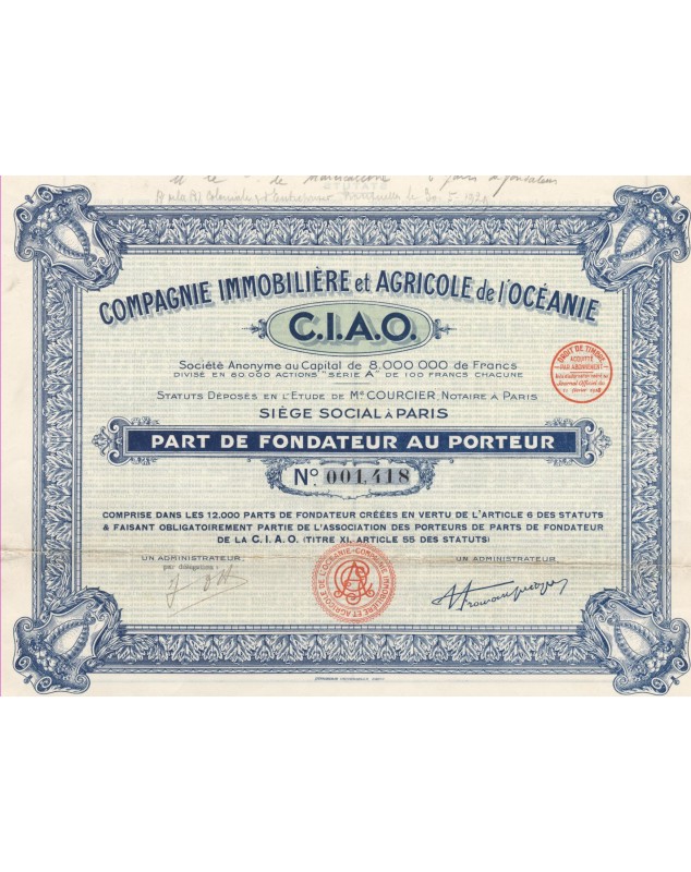 Cie Immobilière et Agricole de l'Océanie (CIAO). 1928
