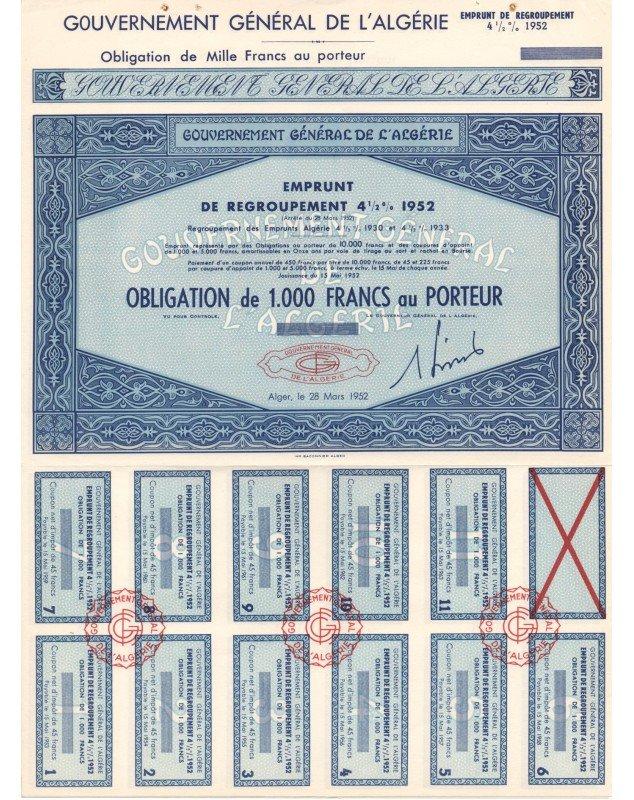 Gouvernement Général de l'Algérie - Emprunt de Regroupement 4,5% 1952