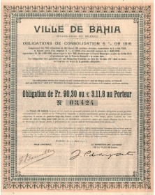 Ville de Bahia - Emprunt de Consolidation 5% Or 1916