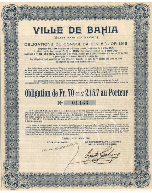 Ville de Bahia - Emprunt de Consolidation 5% Or 1916