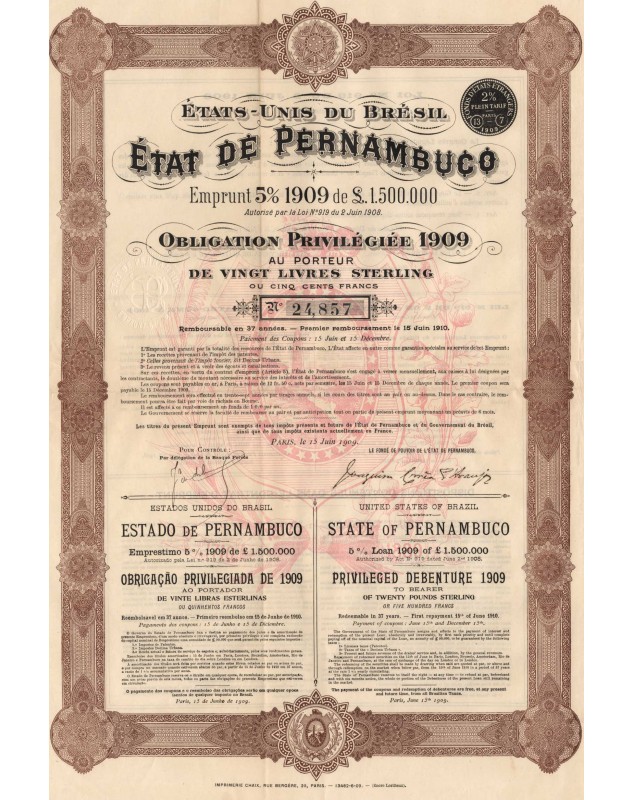 Etat de Pernambuco, Etats Unis du Brésil - Emprunt 5% 1909