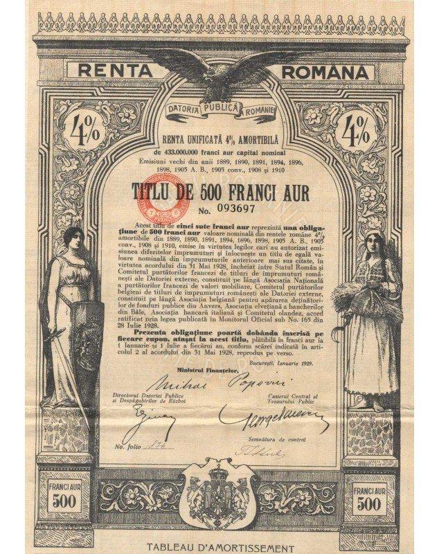 Renta Romana. Dette Publique Roumaine, Rente Unifiée 4% (500F)