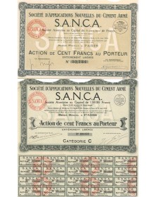 Lot de deux actions de la société SANCA de 100F émises à Paris en Société d'Applications Nouvelles du Ciment Armé SANCA (lot)