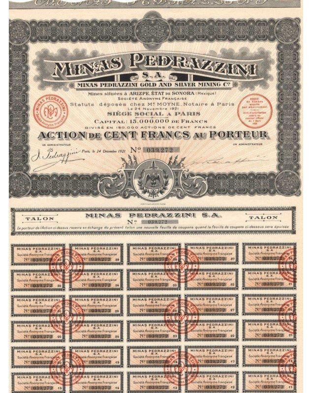 Minas Pedrazzini S.A. - Gold and Silver Mining Company in Aritzpe, Sonora. 1921