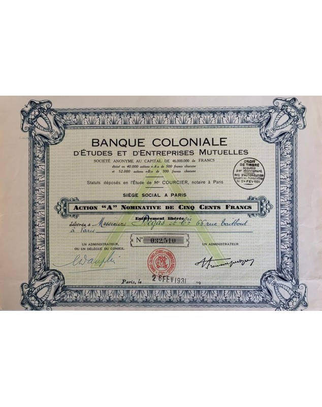 Banque Coloniale d'Etudes & d'Entreprises Mutuelles. 1931