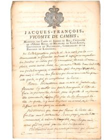 Autorisation de garde bourgeoise 1787 - Jacques Francois Vicomte de Cambis - Languedoc