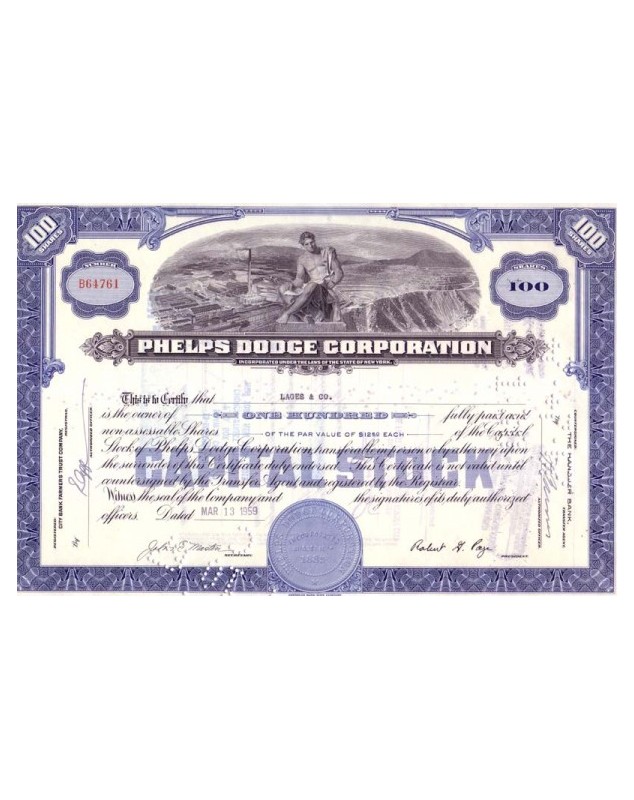 Phelps Dodge Corporation Stock Certificate Mining New York Orange