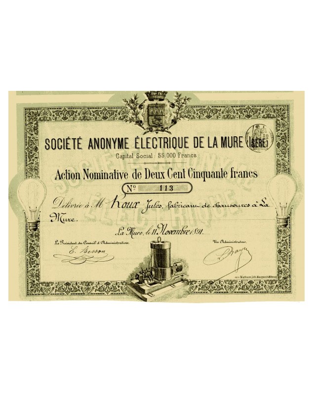 Rare: only 220 shares issued.

Illustrated with an electric generator and light bulbs. Rhône-Alpes/Isère 38