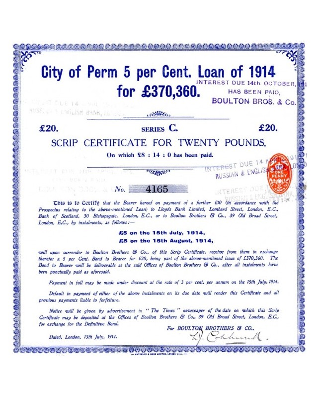 City of Perm - 5% Loan of 1914 Serie C