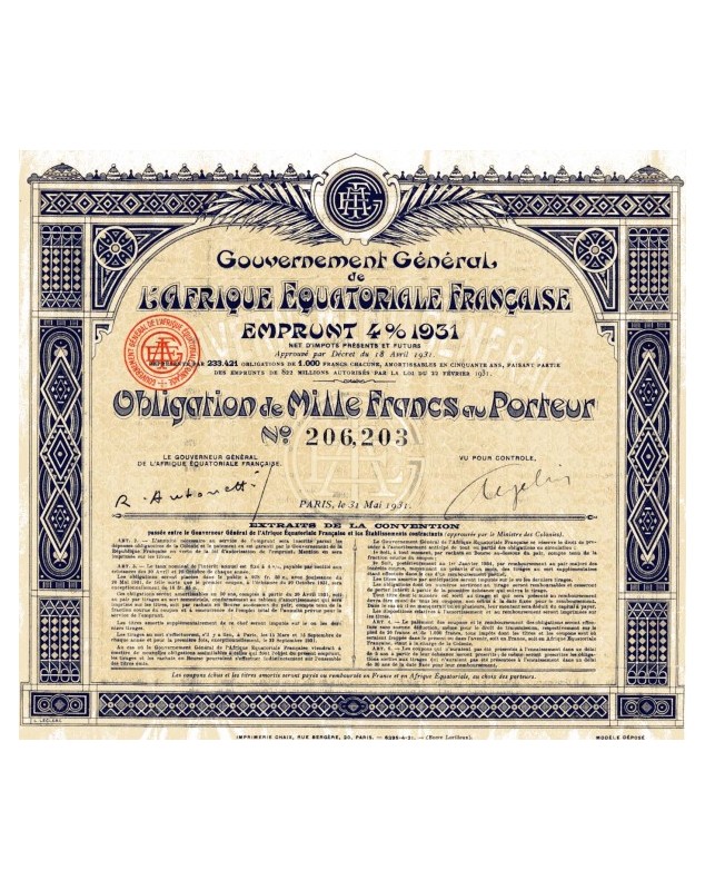 Gouvernement Général de l'Afrique Equatoriale Française - Emprunt 4% 1931