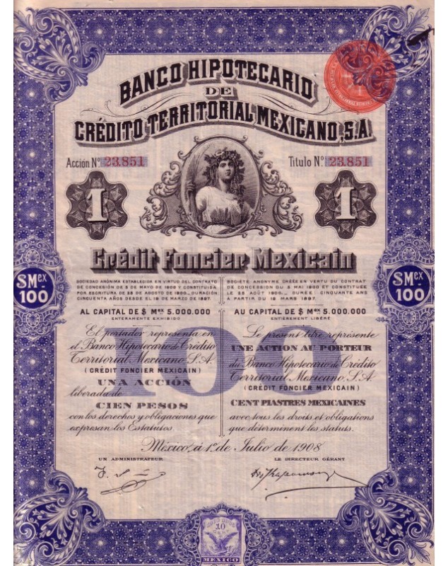 Crédit Foncier Mexicain. Banco Hipotecario de Credito Territorial Mexicano. 1908 ("Queen Elizabeth")