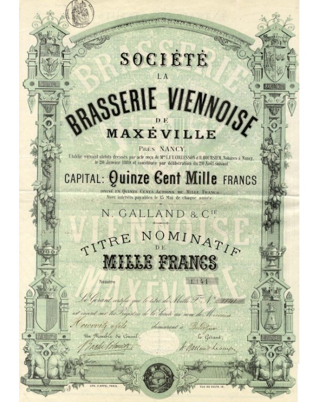 Sté La Brasserie Viennoise de Maxéville Près Nancy, N. Galland & Cie