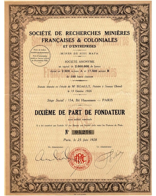 Sté de Recherches Minières Françaises & Coloniales (Mines de Sifi Mafa)