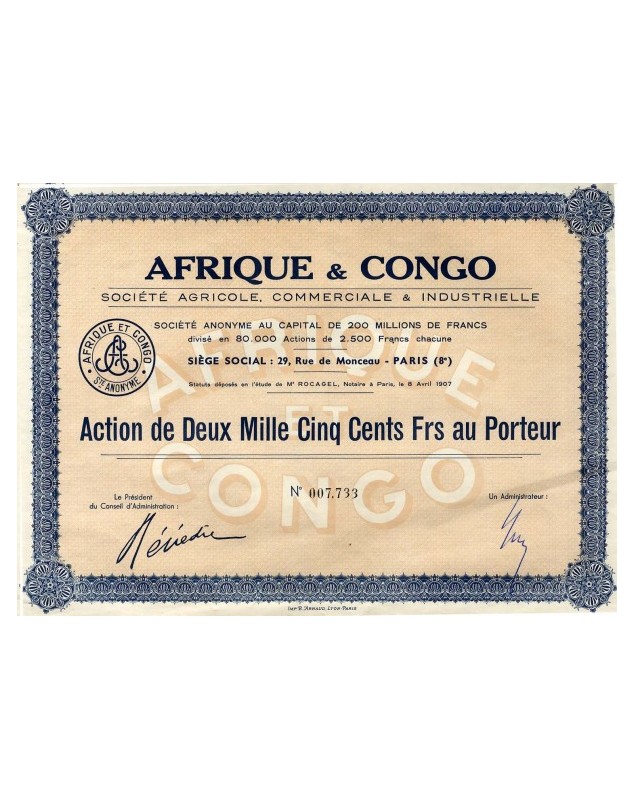 1910 Action Sté Agricole Commerciale & Industrielle Afrique & Congo 