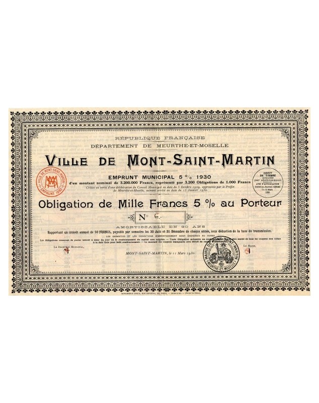 Ville de Mont-Saint-Martin, Département de Meurthe-et-Moselle. Emprunt Municipal 5% 1930