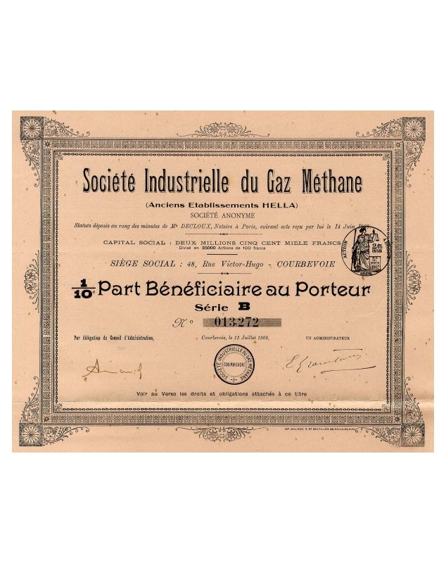 8 Parts bénéficiaires porteur Société industrielle du gaz méthane 1909 ets HELLA 