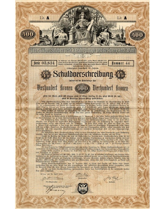 Investitions Anlehen Der K.K. Reichshaupt-Und Residenzstadt Wien. Emprunt de la Ville de Vienne 4% 1902